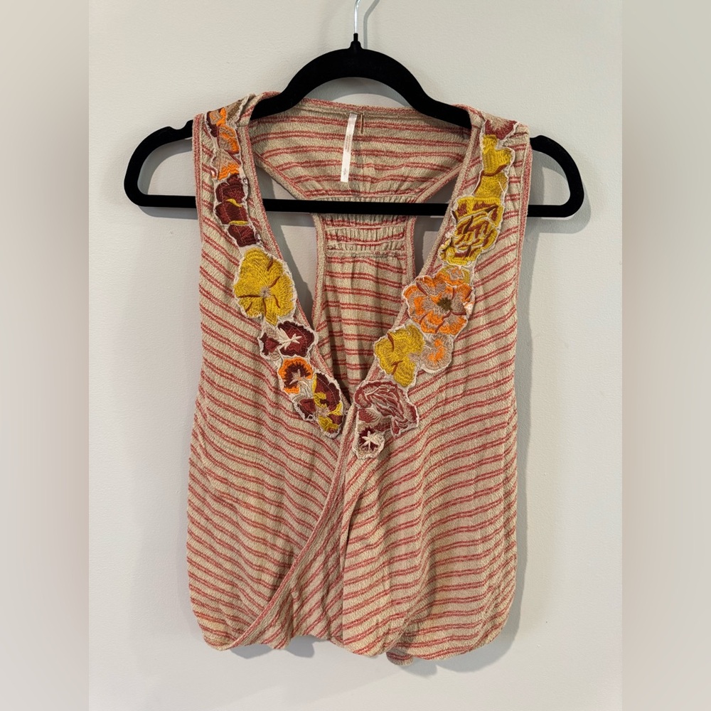 Free People Red Striped Tank with Floral Accents